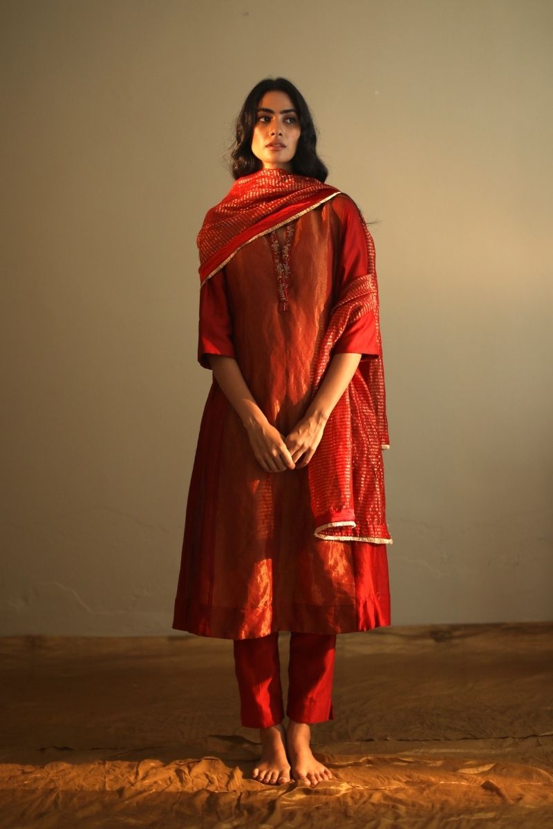 Maxi Kurta In Deep Rust Red Handloom Tissue With Pant Shorshe Clothing