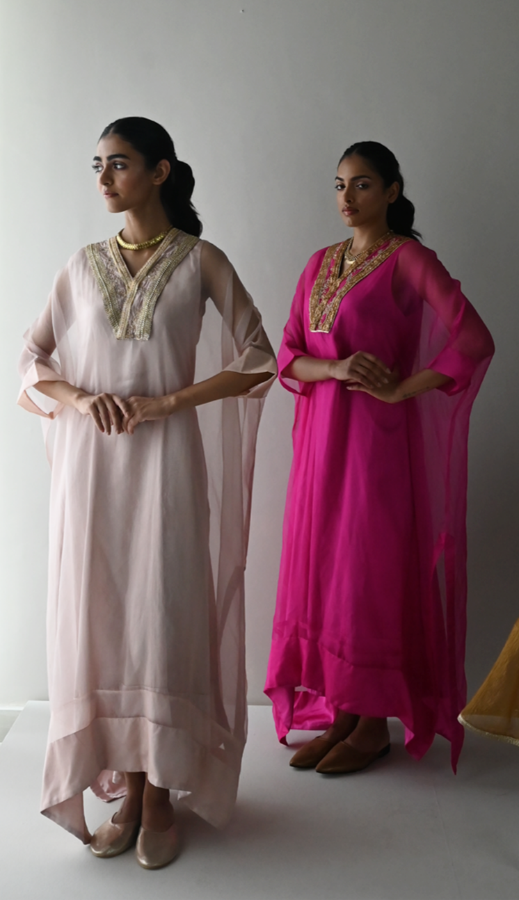 Waahida Kaftan in Nude Organza with Satin Slip