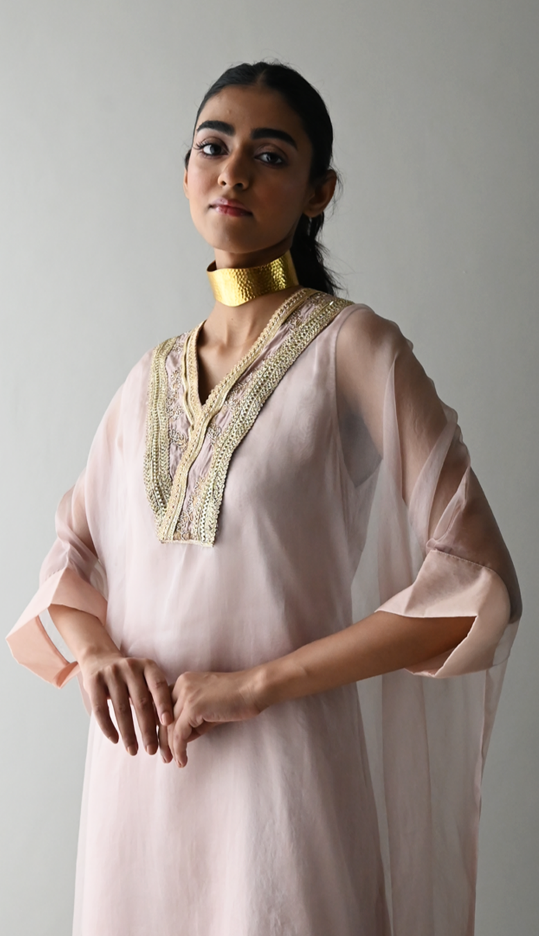 Waahida Kaftan in Nude Organza with Satin Slip