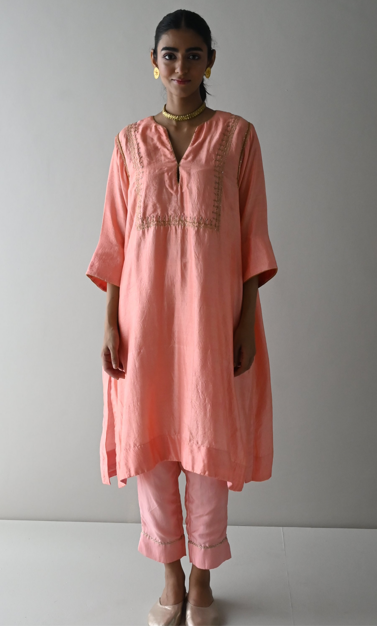 Jhabla Kurta in Rose Pink Pure Silk with Rose Pink Pant