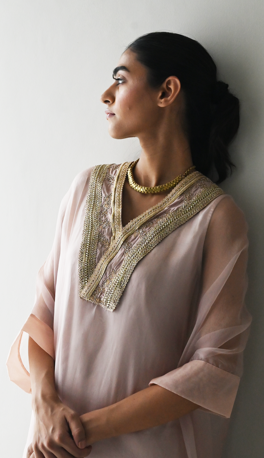 Waahida Kaftan in Nude Organza with Satin Slip