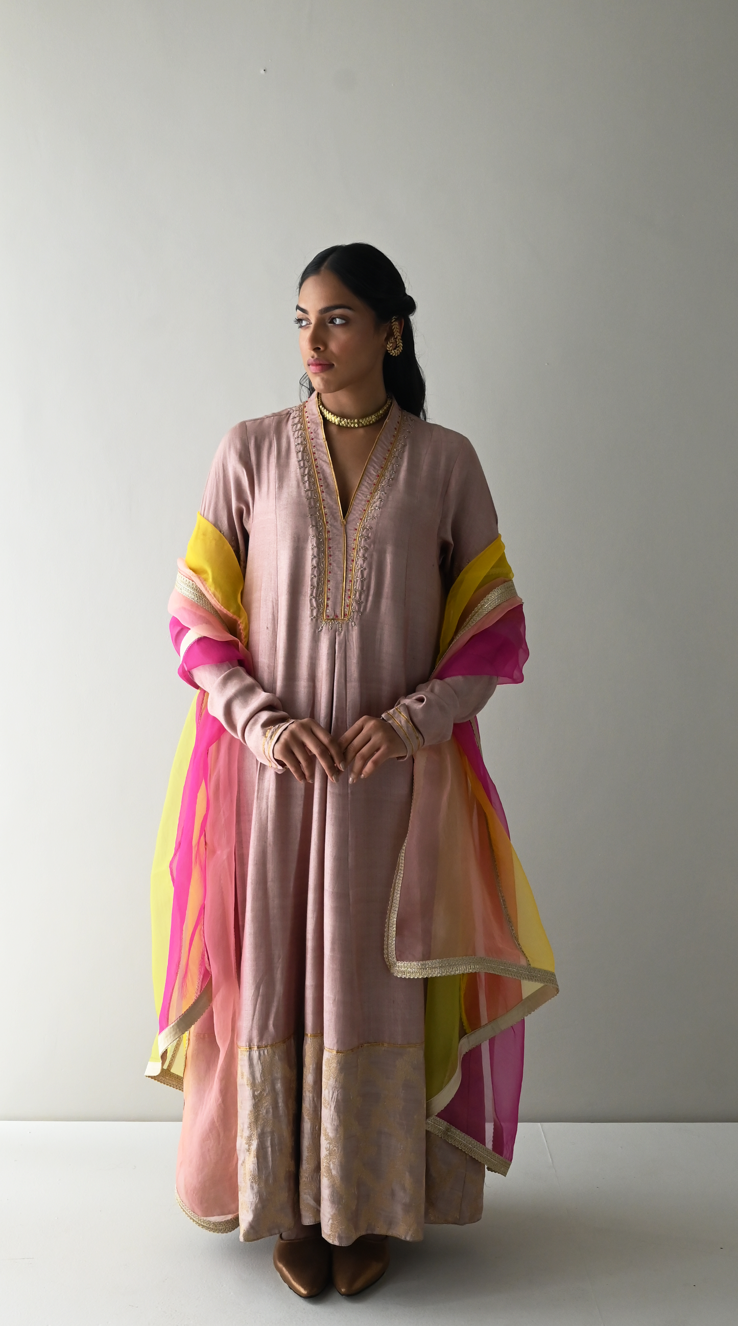 Noor Anarkali in Nude Silk & Brocade