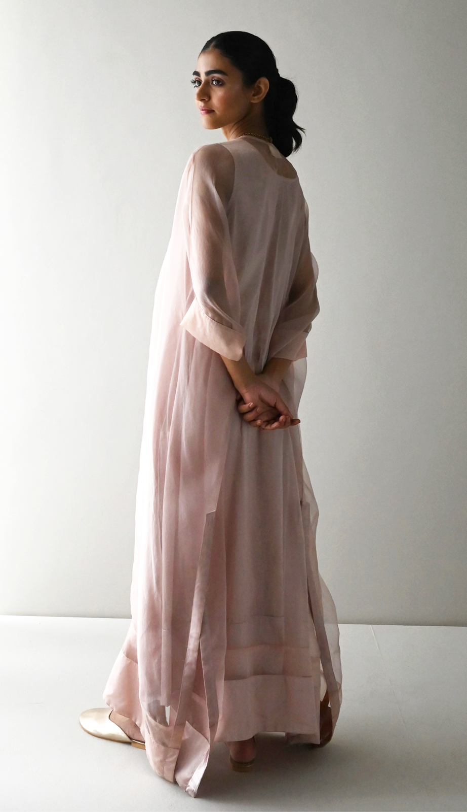 Waahida Kaftan in Nude Organza with Satin Slip