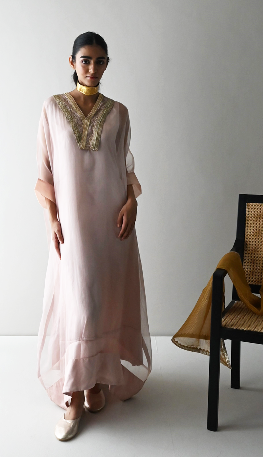 Waahida Kaftan in Nude Organza with Satin Slip