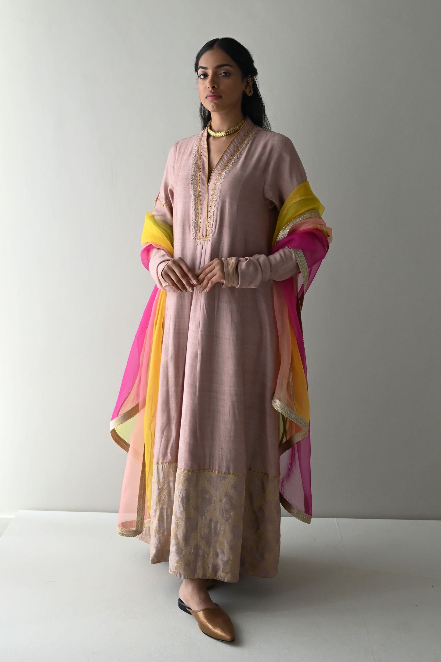 Noor Anarkali in Nude Silk & Brocade