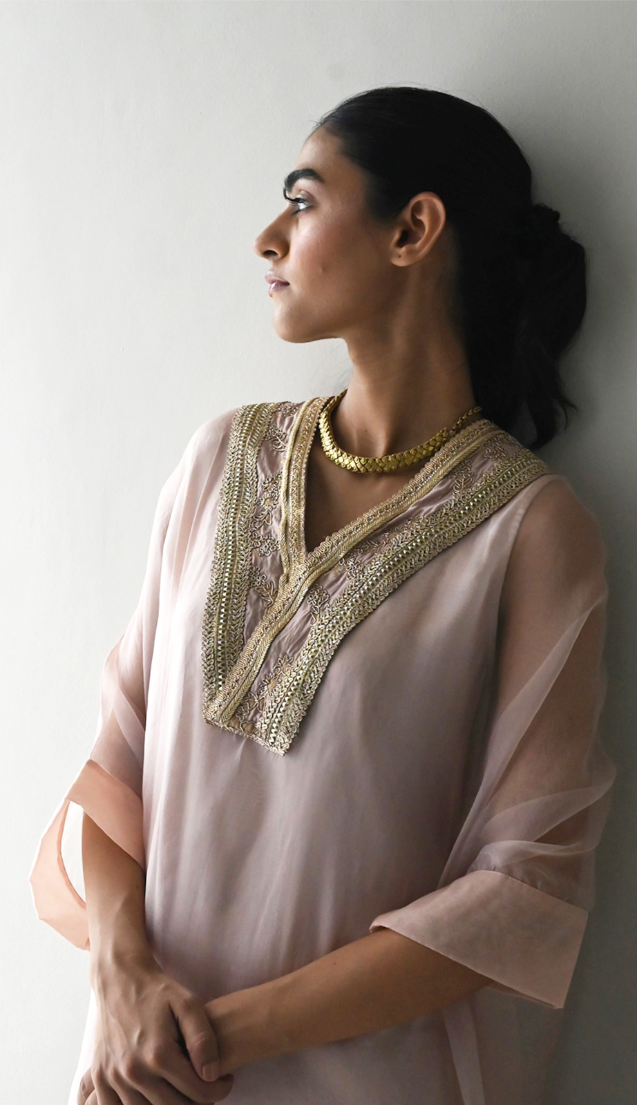 Waahida Kaftan in Nude Organza with Satin Slip