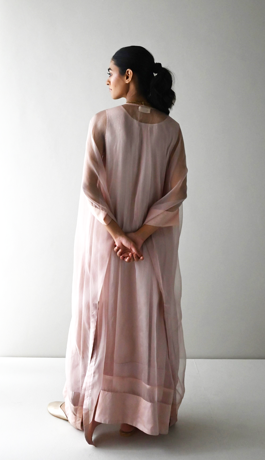 Waahida Kaftan in Nude Organza with Satin Slip