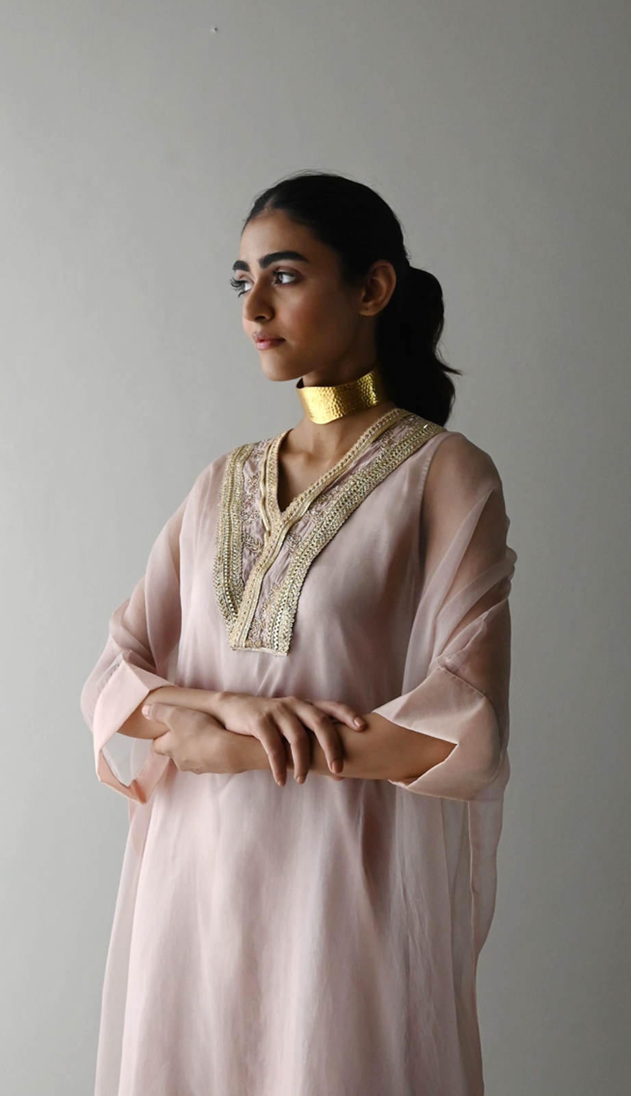 Waahida Kaftan in Nude Organza with Satin Slip