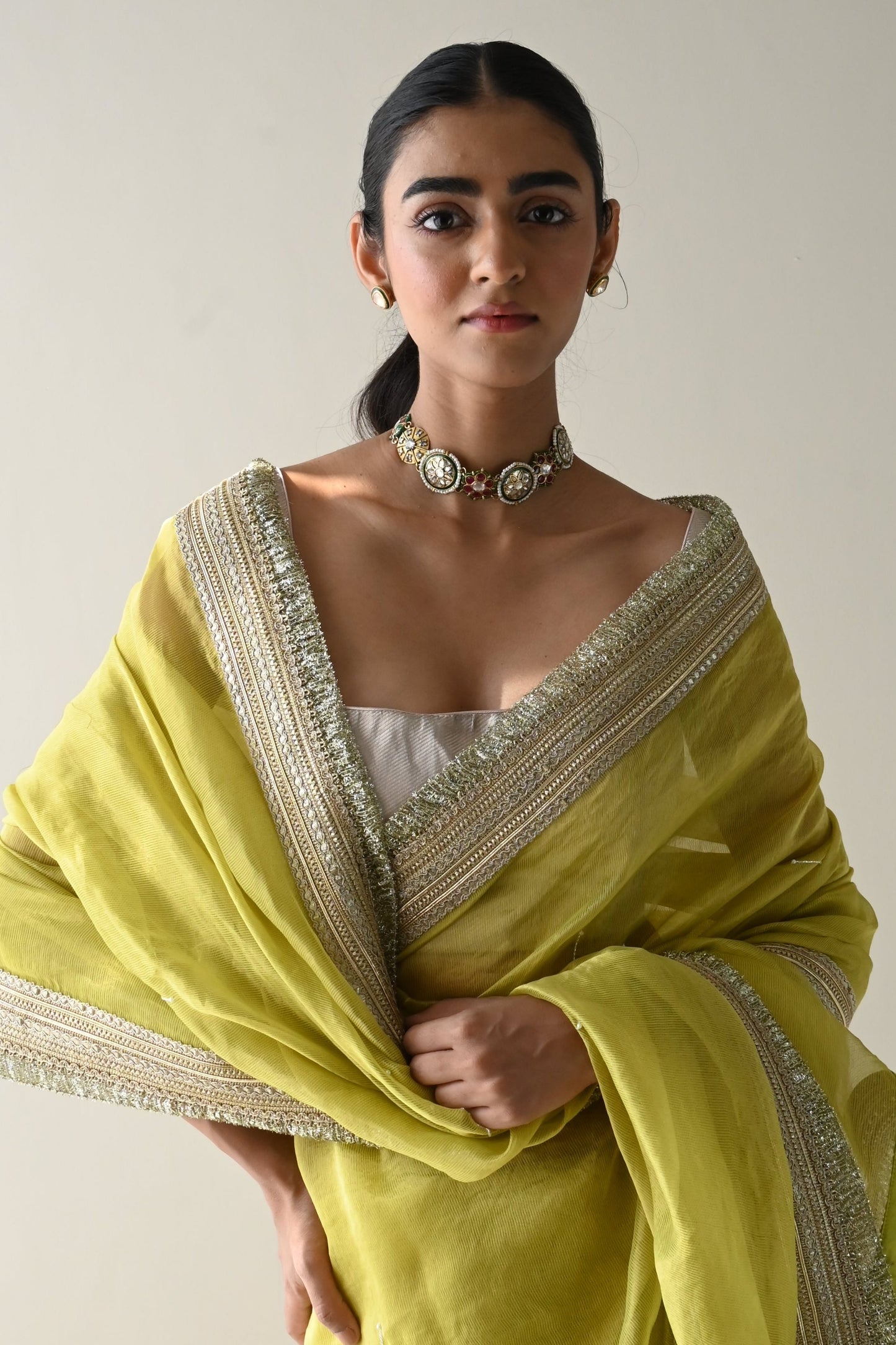 Sati Saree in Neon Green Pin Stripes