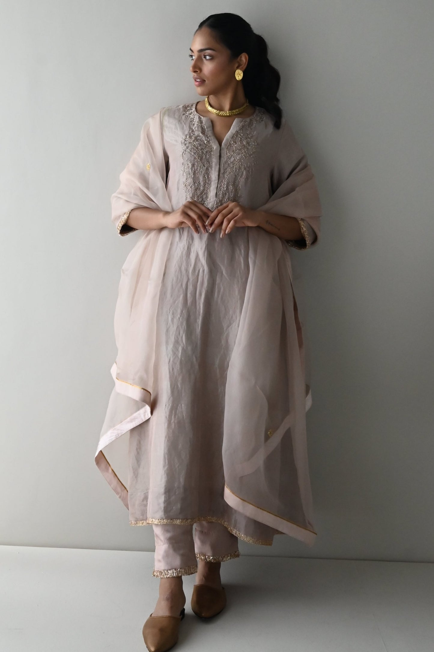 Boho Kurta in Nude Handloom Tissue with Nude Pant