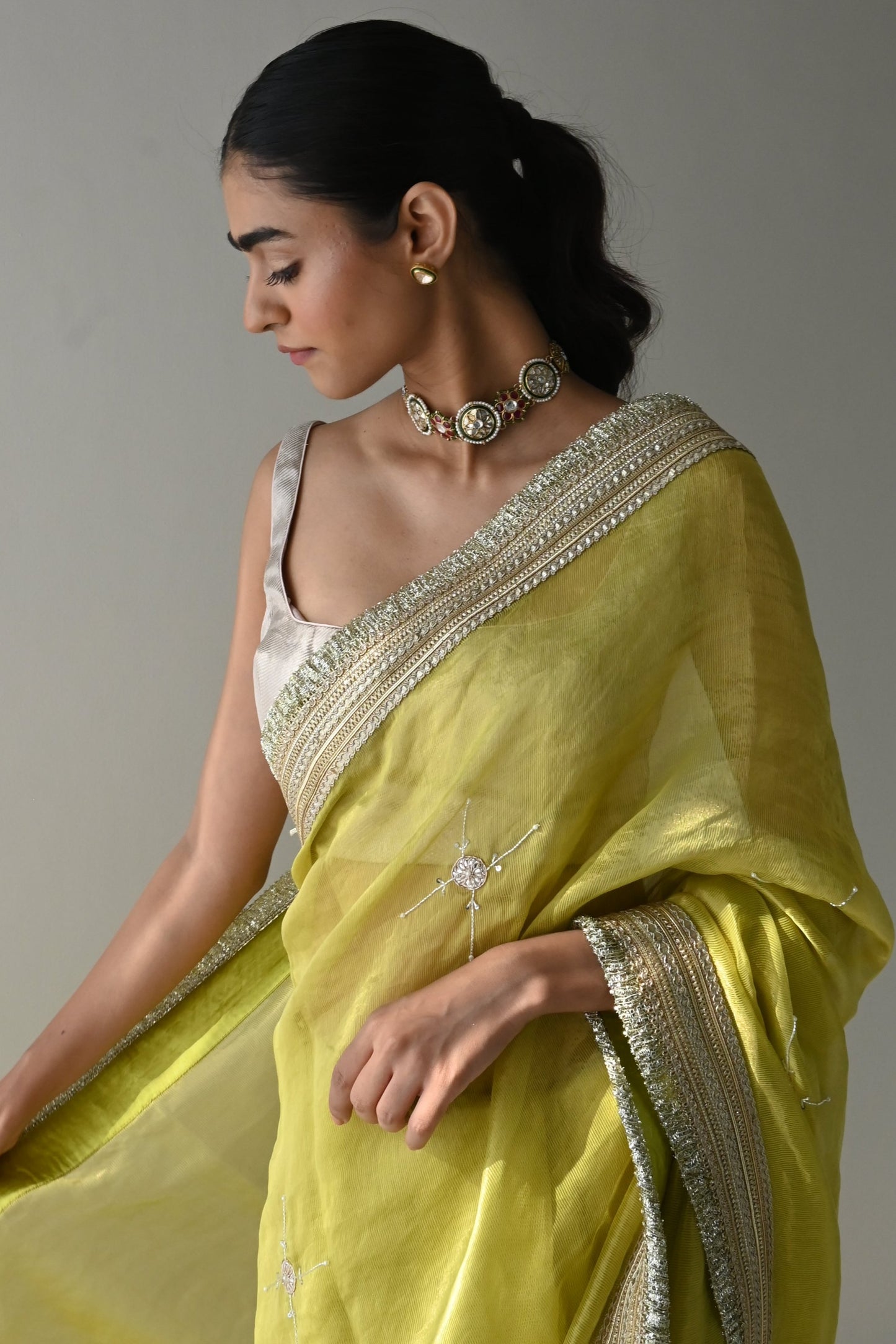 Sati Saree in Neon Green Pin Stripes