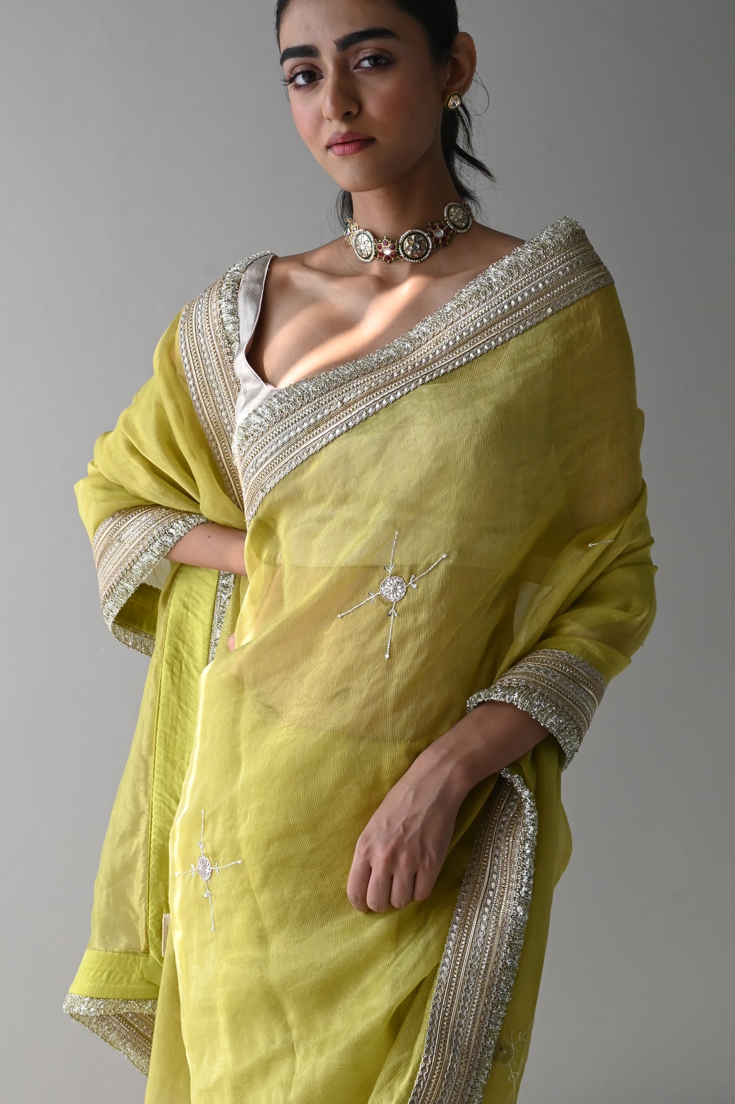 Sati Saree in Neon Green Pin Stripes