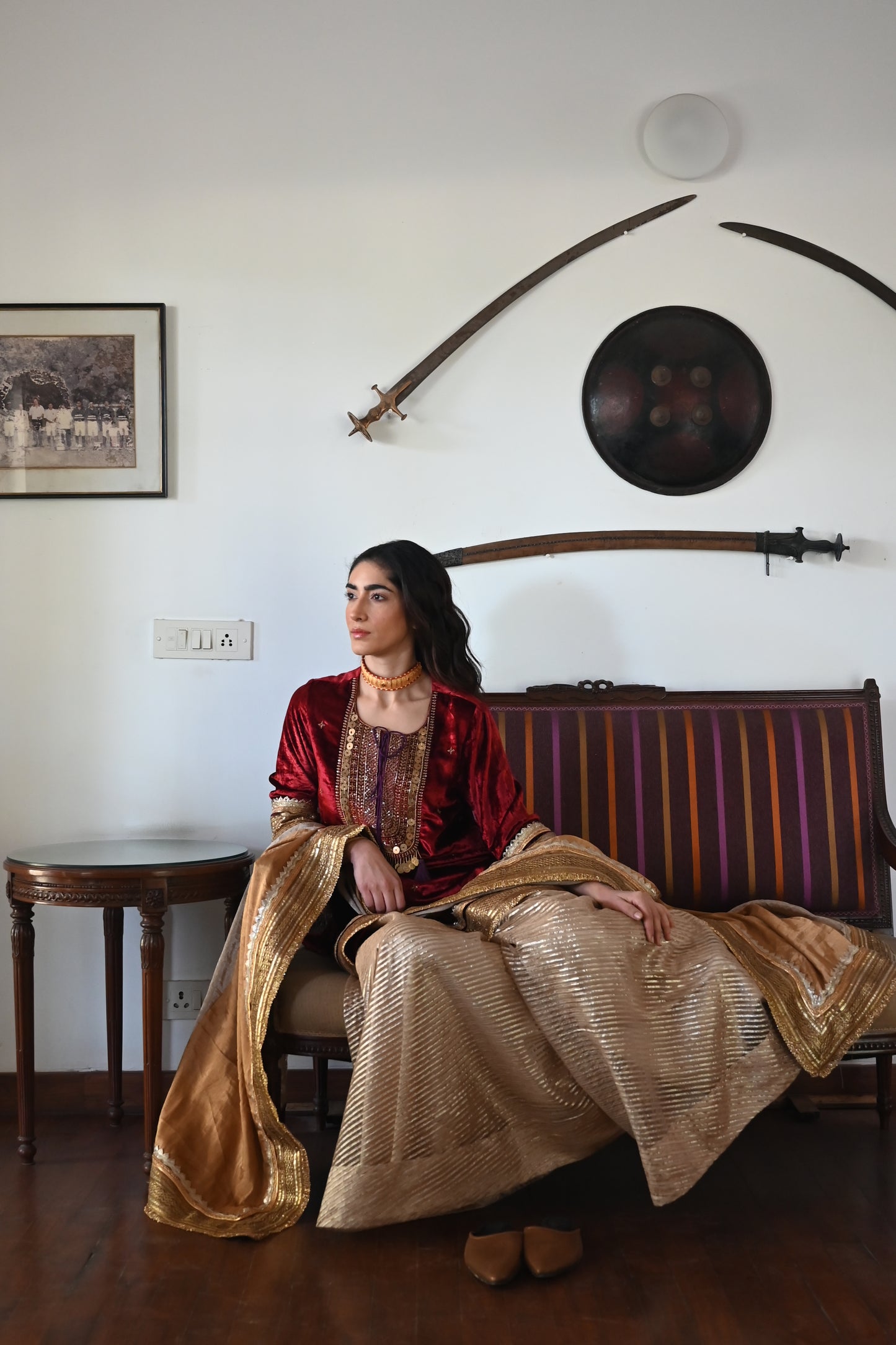 Amal Kurta in Red Velvet with Beige CC Garara