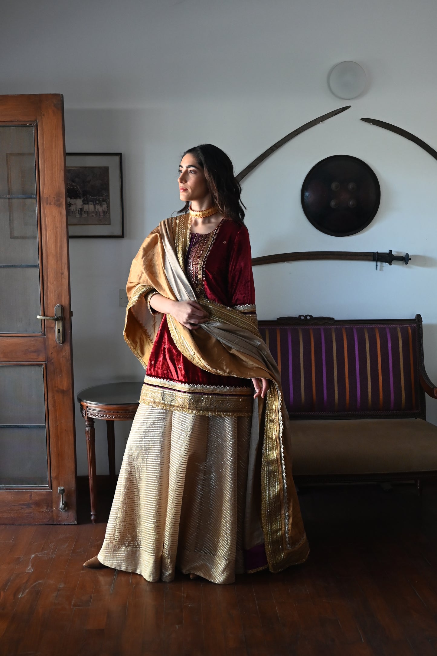 Amal Kurta in Red Velvet with Beige CC Garara