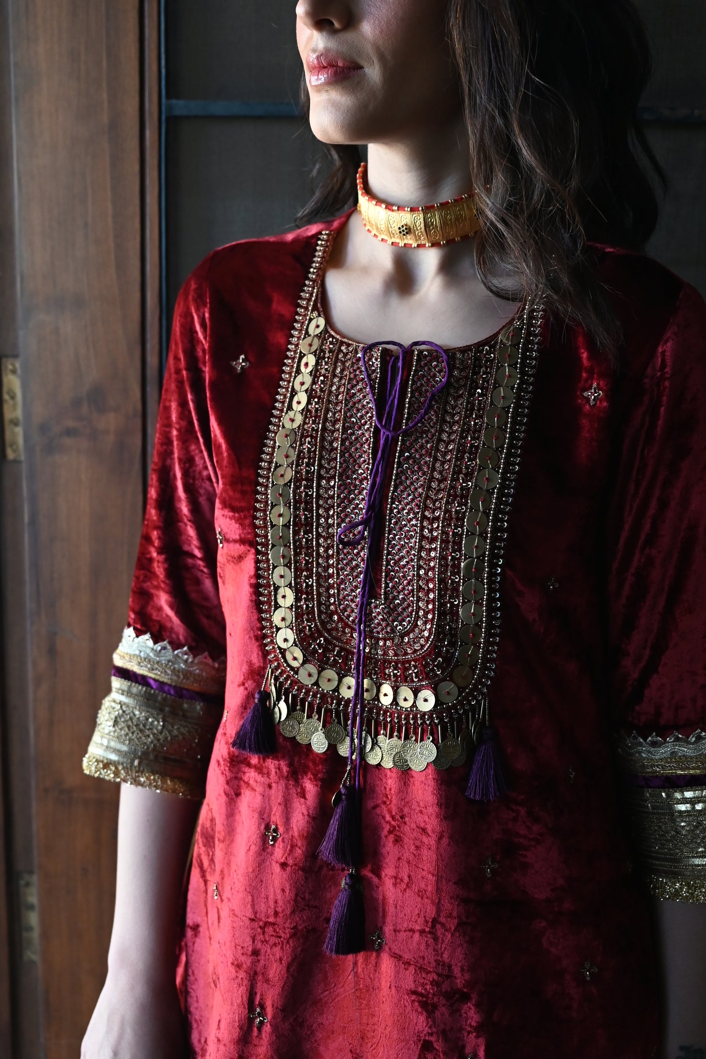 Amal Kurta in Red Velvet with Beige CC Garara