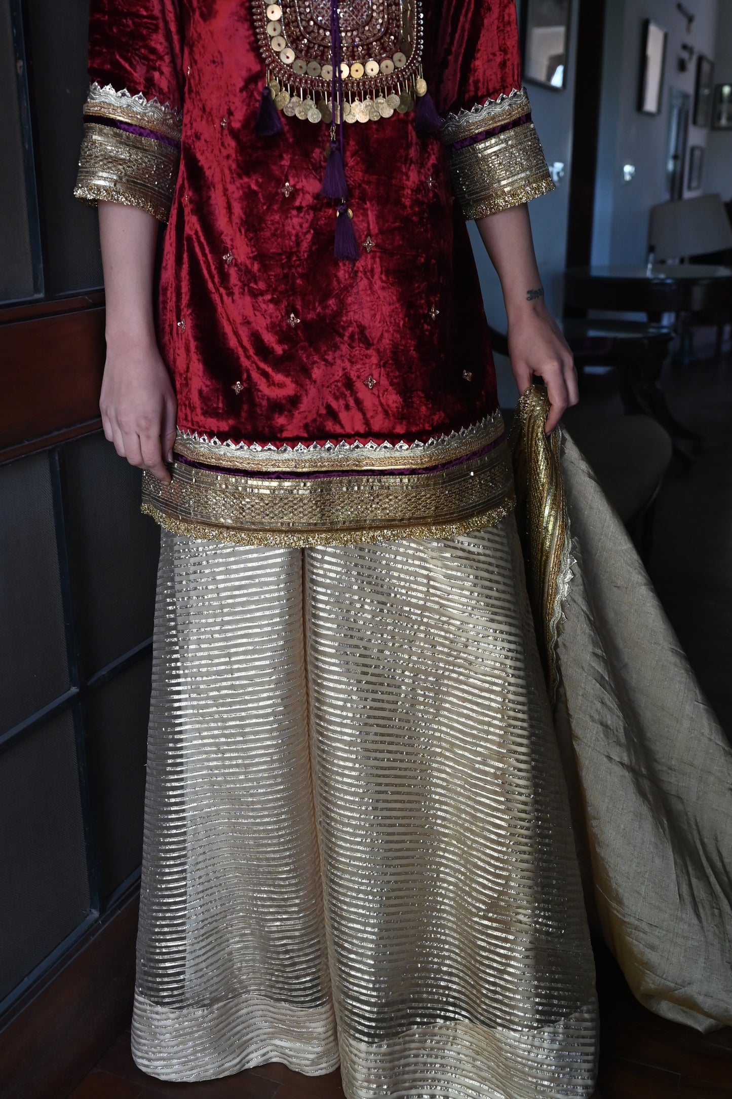 Amal Kurta in Red Velvet with Beige CC Garara