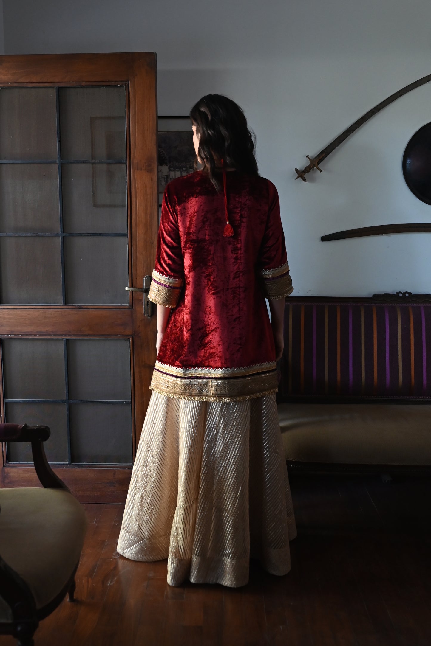 Amal Kurta in Red Velvet with Beige CC Garara