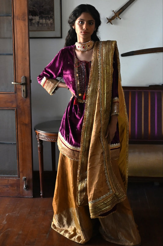 Amal Kurta in Purple Velvet with Gold Tissue Garara