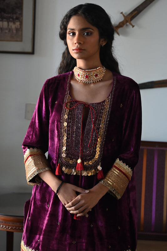 Amal Kurta in Purple Velvet with Gold Tissue Garara