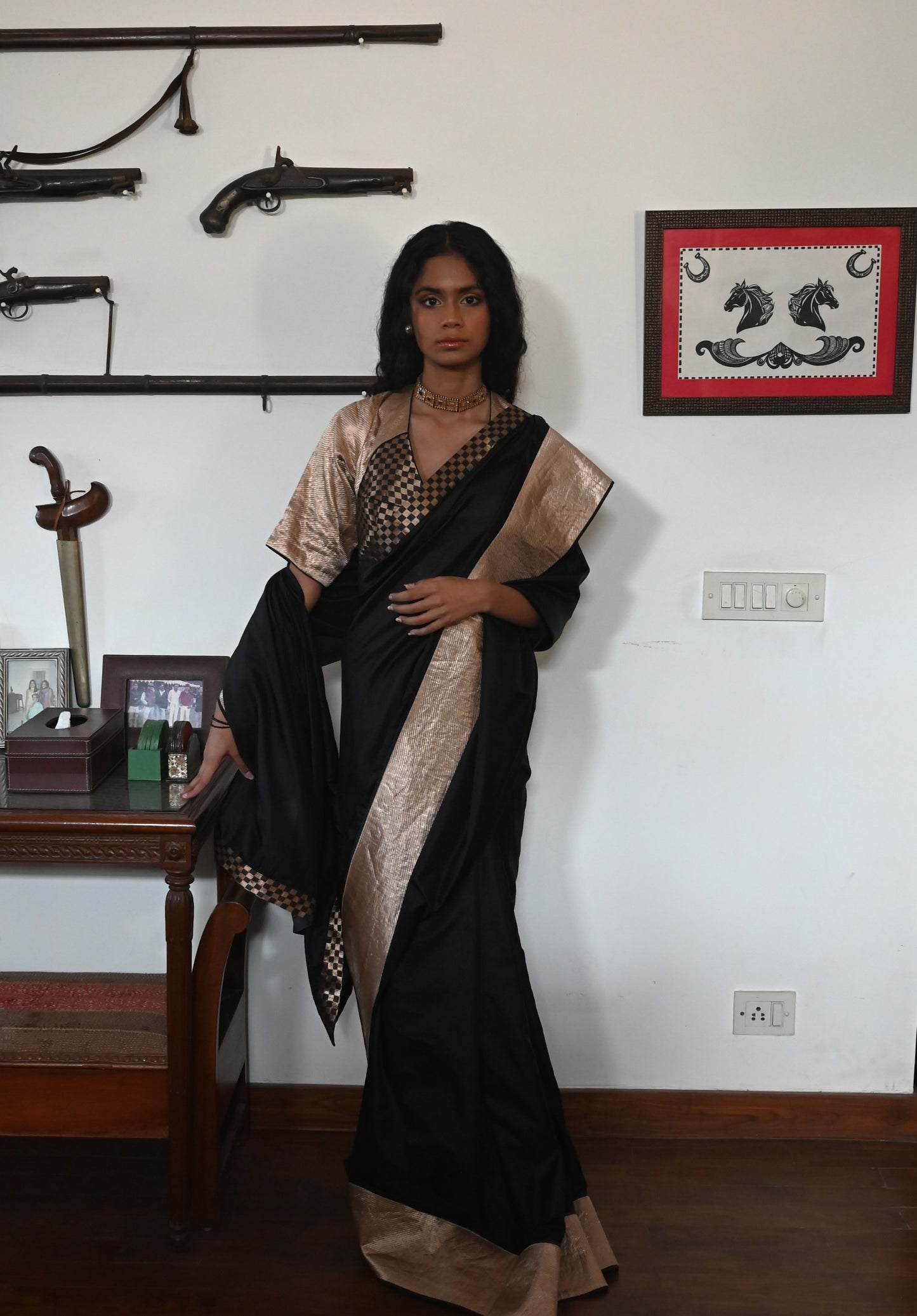 Shatranj Saree in Black Silk with Brocade Border