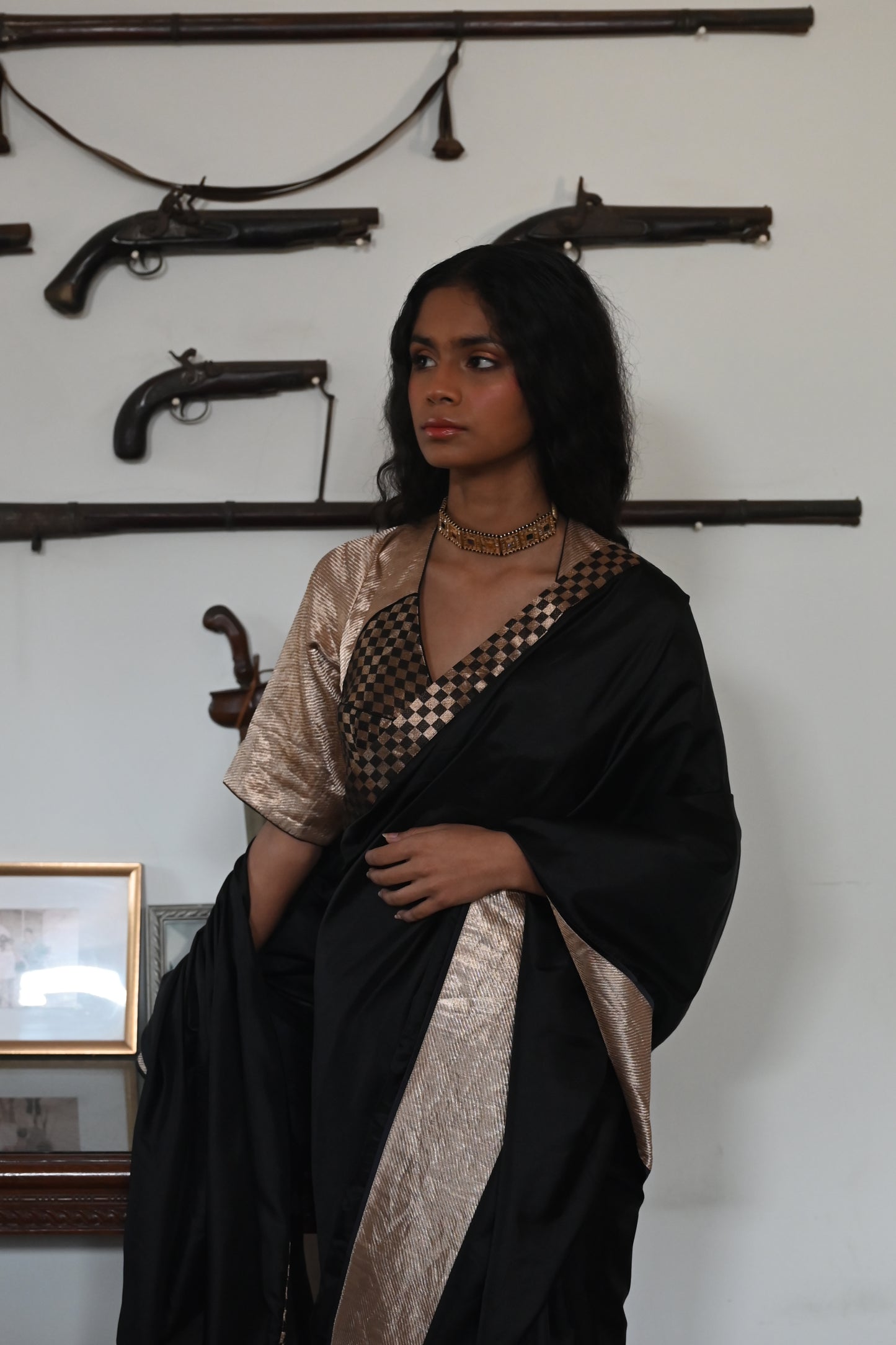 Shatranj Saree in Black Silk with Brocade Border