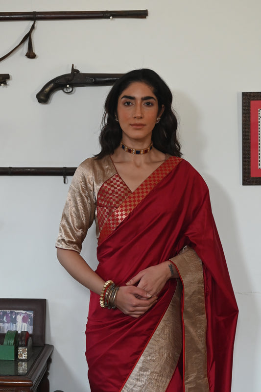 Shatranj Saree in Red Silk with Brocade Border