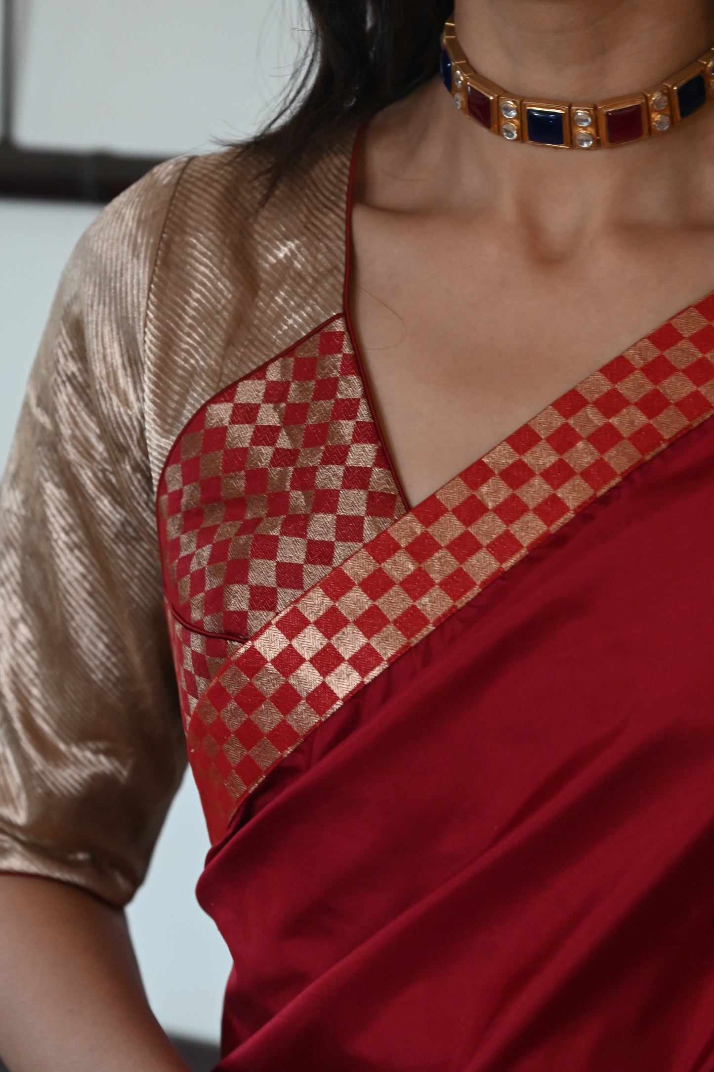 Band Blouse in Red Check Brocade