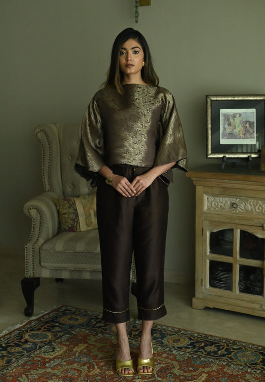 Batwing Top in Brown Brocade with Brown Pant