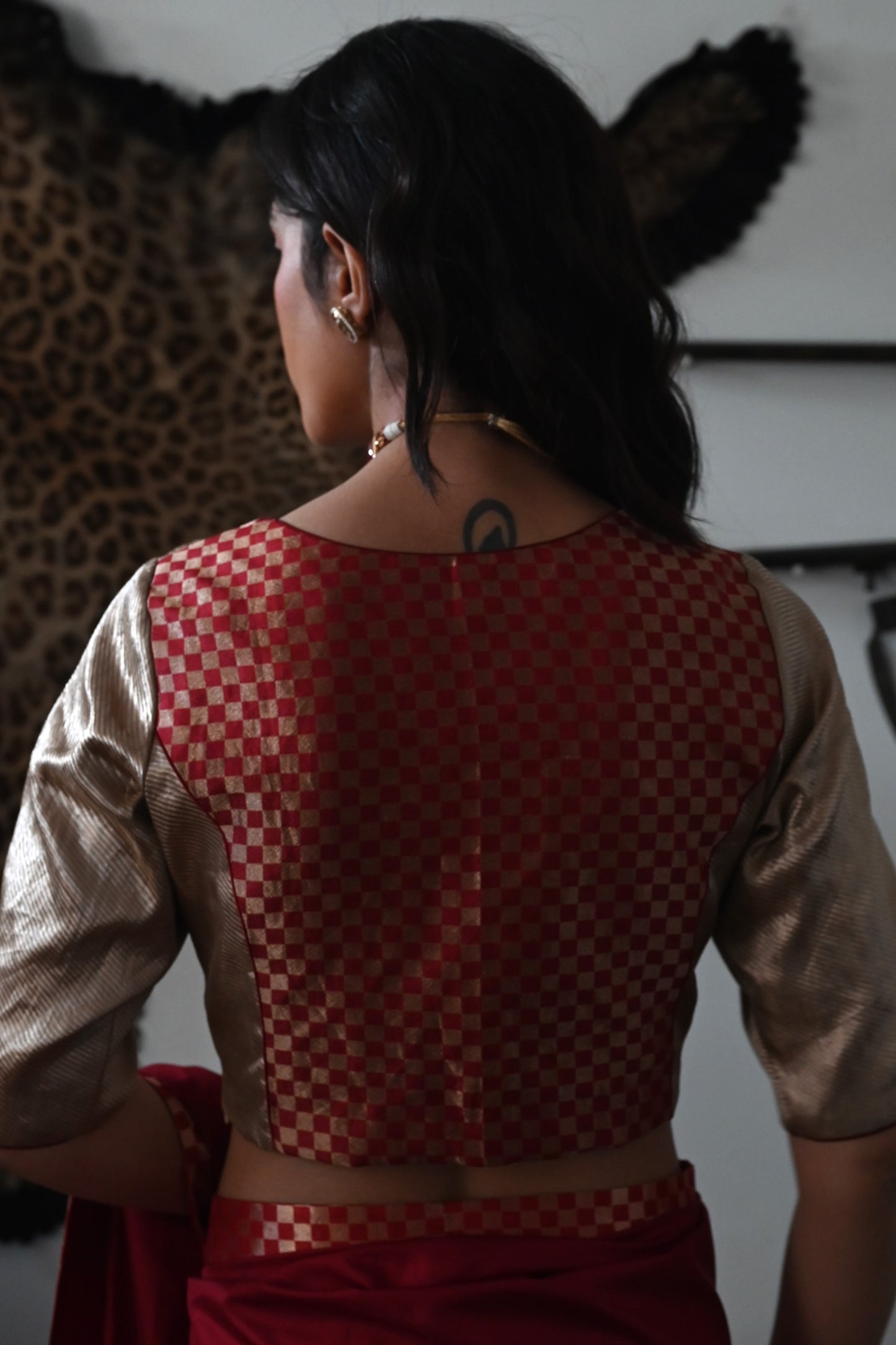 Band Blouse in Red Check Brocade