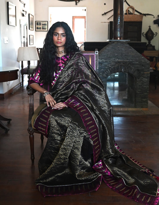 Sameena Saree in Black Stripes with Brocade Border