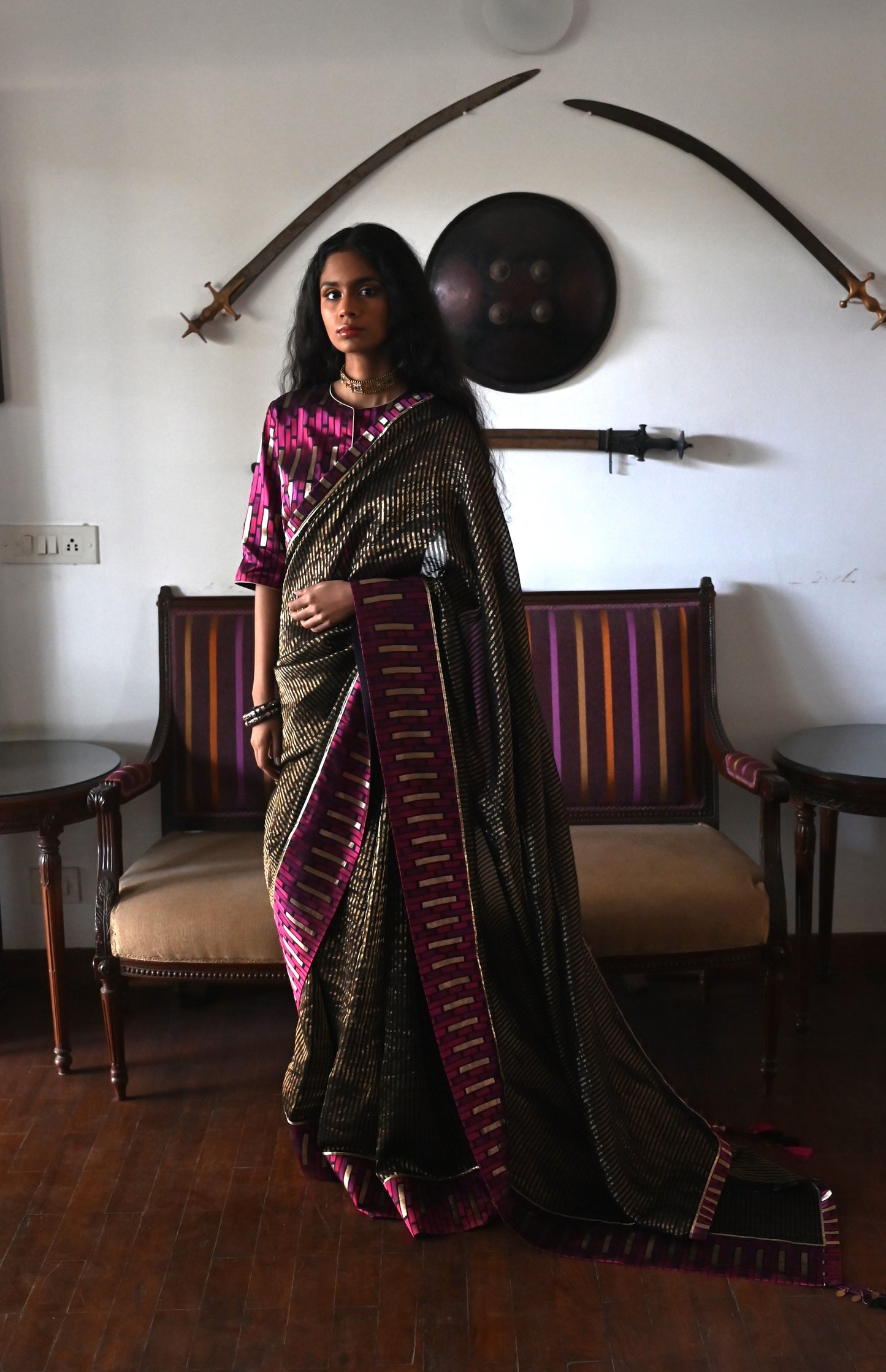 Sameena Saree in Black Stripes with Brocade Border