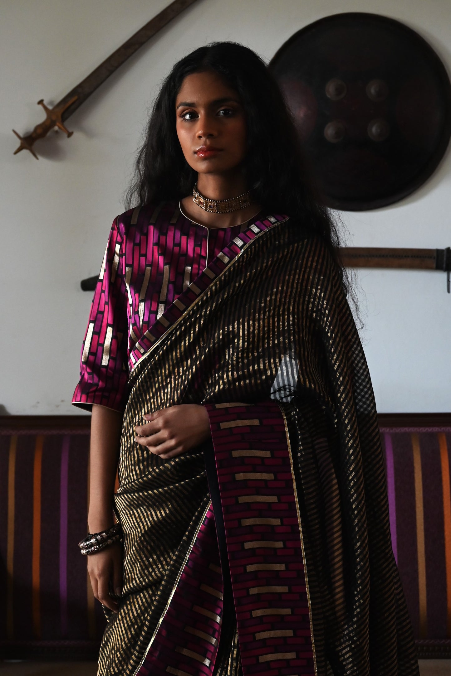 Sameena Saree in Black Stripes with Brocade Border