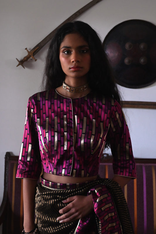 Zero Neck Blouse in Black & Purple Brocade.