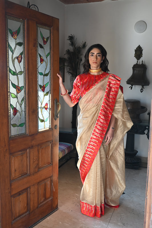 Sameena Saree in Beige Stripes with Brocade Border