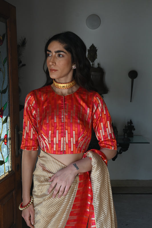 Zero Neck Blouse in Red & Pink Brocade