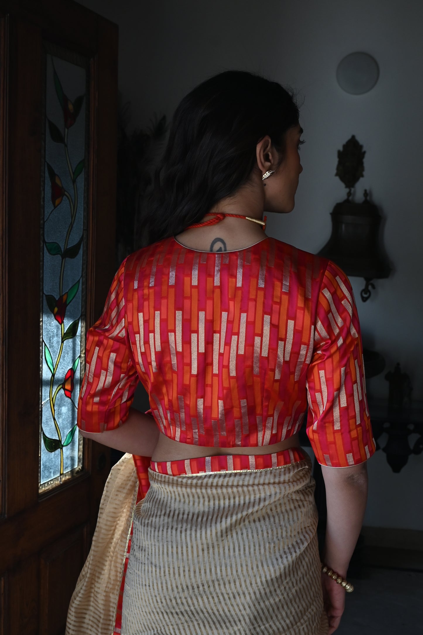 Zero Neck Blouse in Red & Pink Brocade