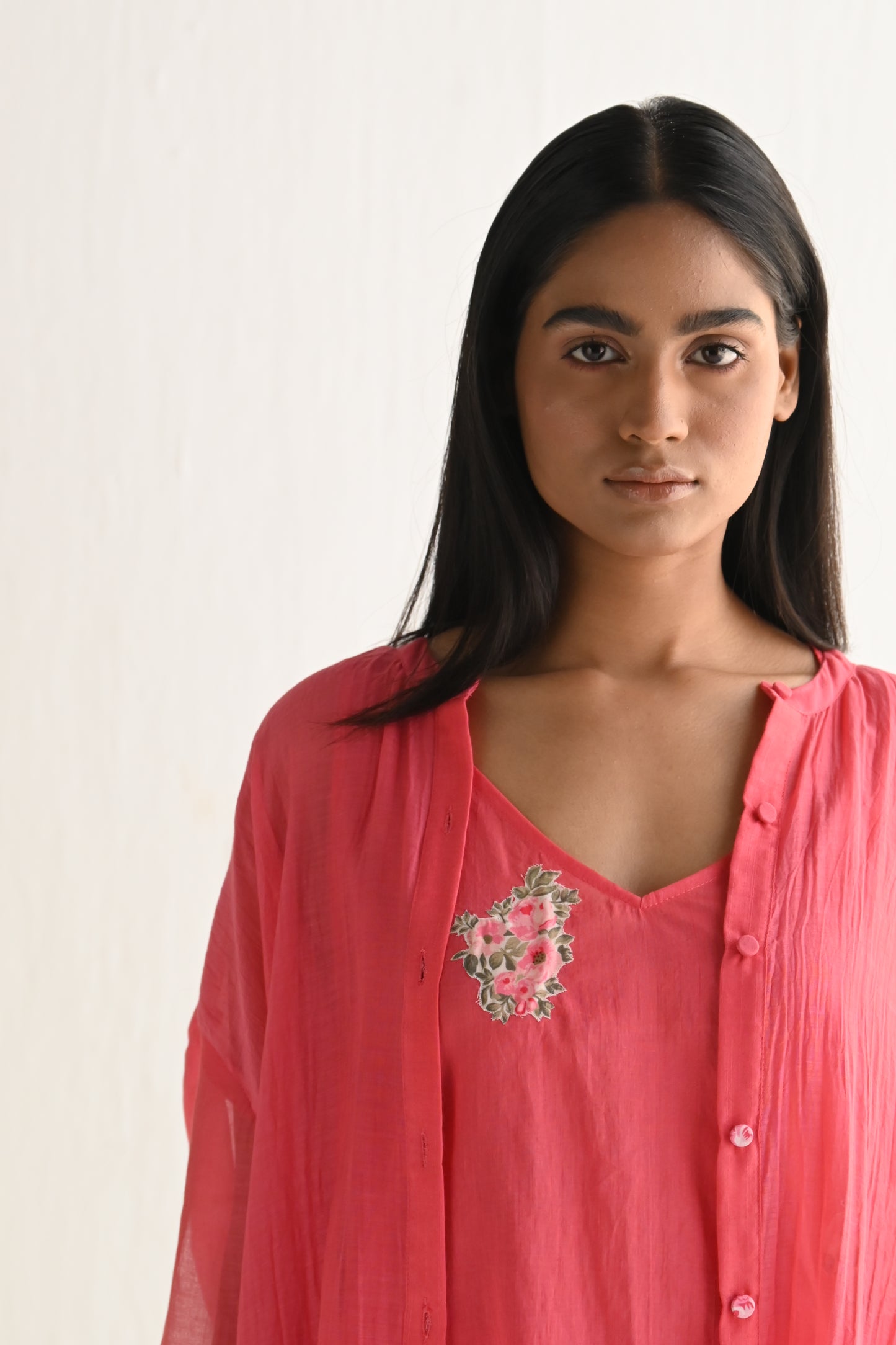 Slit Shirt in Sorbet Pink Mul Chanderi with Slip & Pant