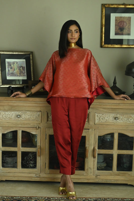 Batwing Top in Candy Red Brocade with Red Pant