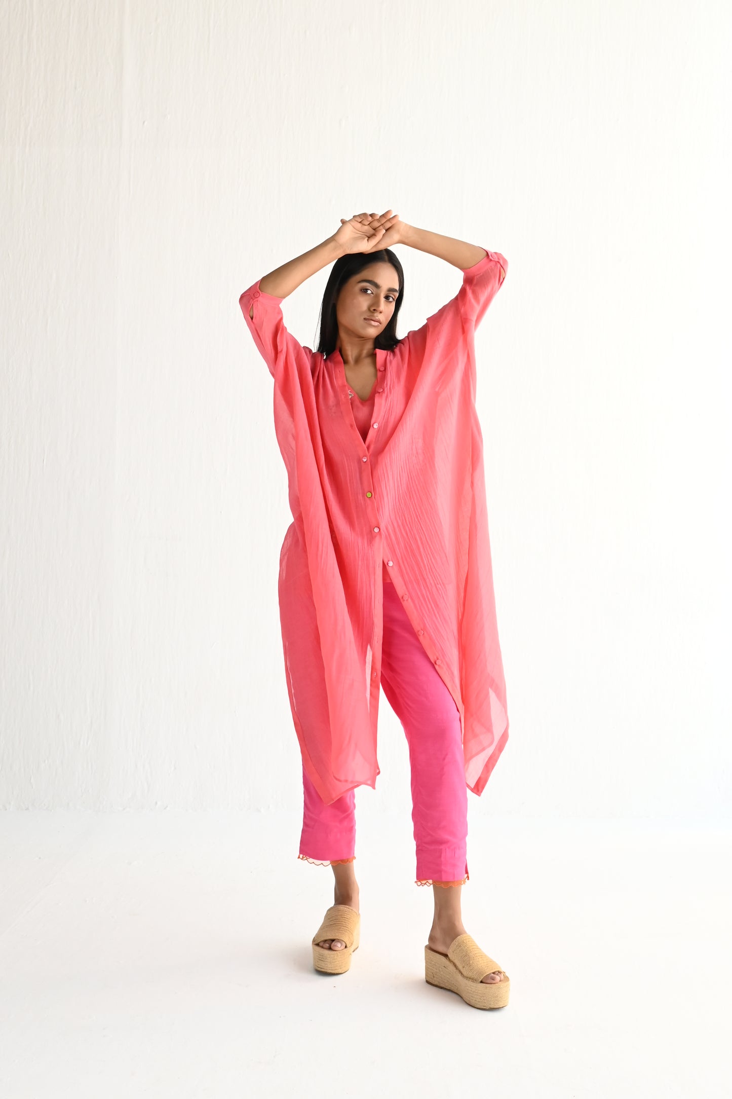 Slit Shirt in Sorbet Pink Mul Chanderi with Slip & Pant