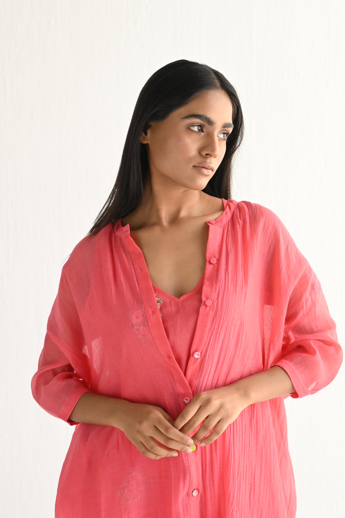 Slit Shirt in Sorbet Pink Mul Chanderi with Slip & Pant