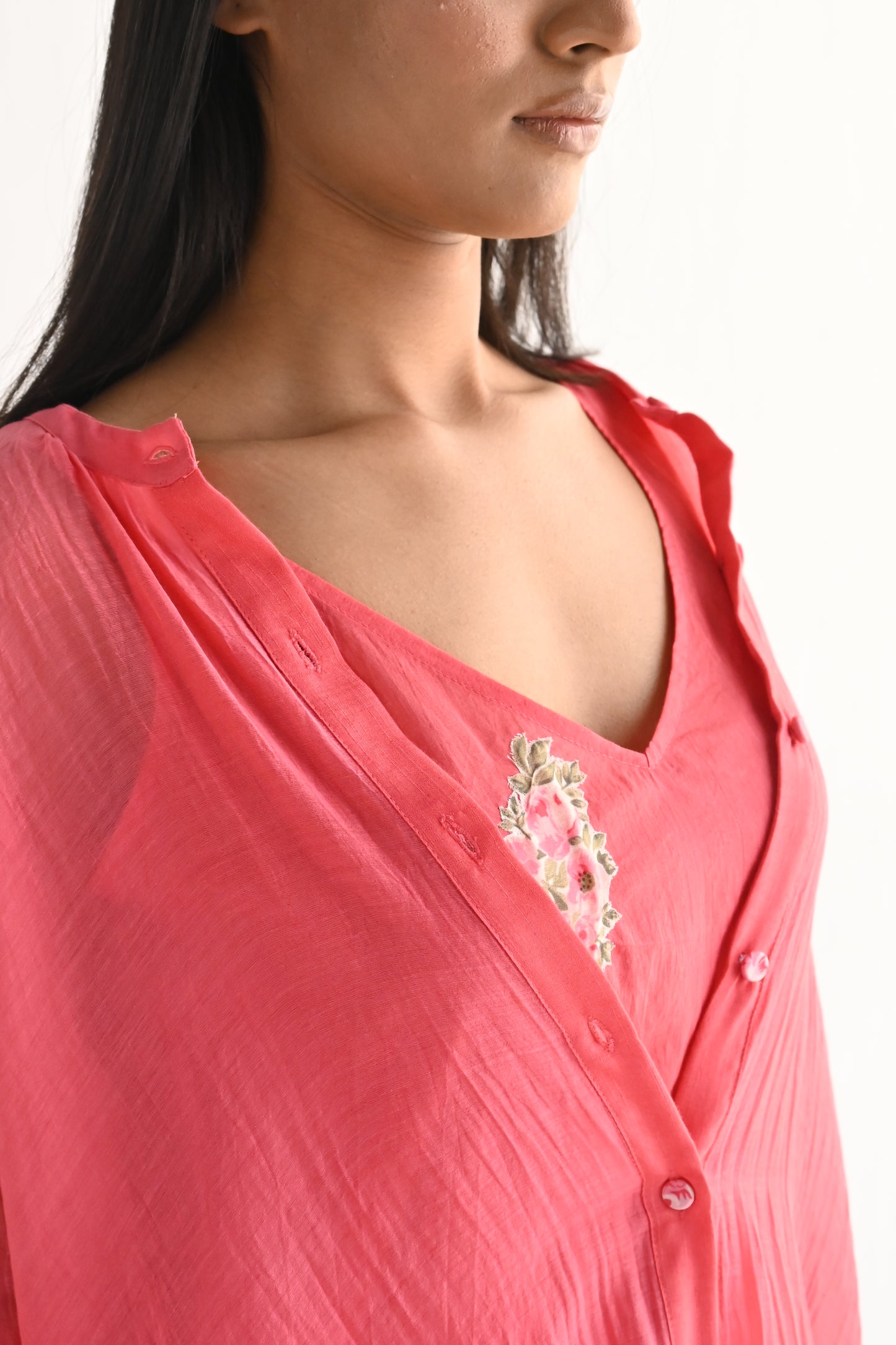 Slit Shirt in Sorbet Pink Mul Chanderi with Slip & Pant