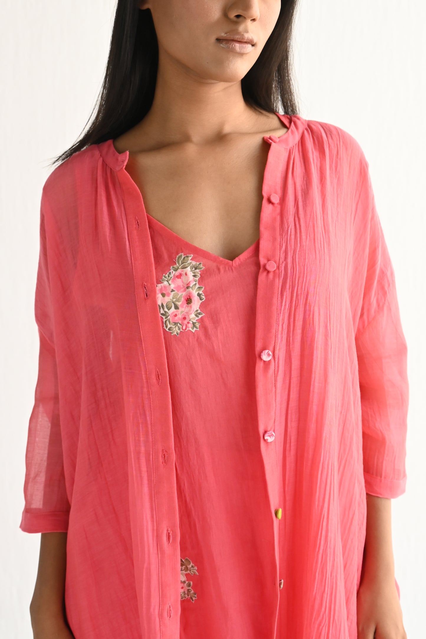 Slit Shirt in Sorbet Pink Mul Chanderi with Slip & Pant