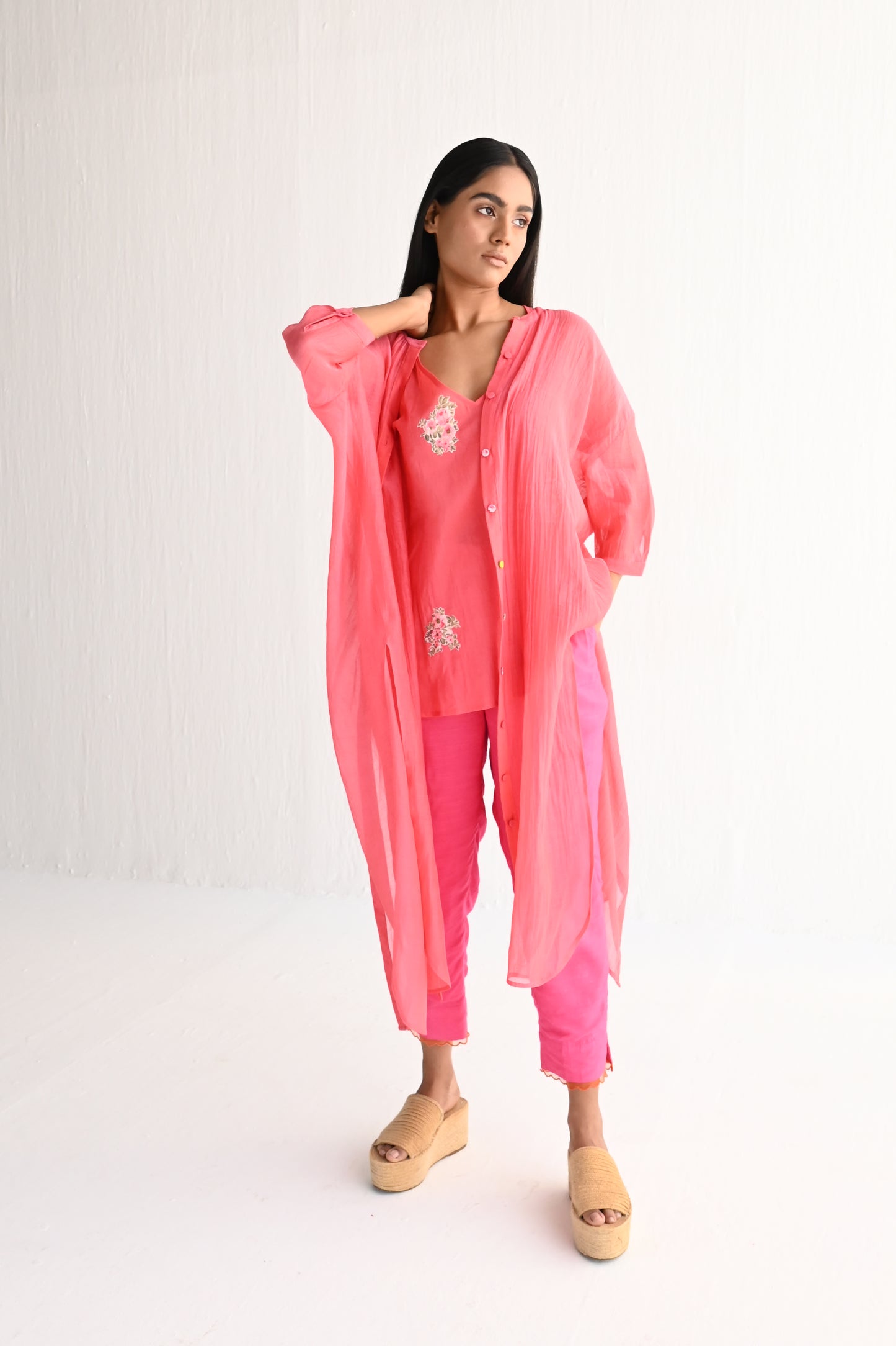 Slit Shirt in Sorbet Pink Mul Chanderi with Slip & Pant