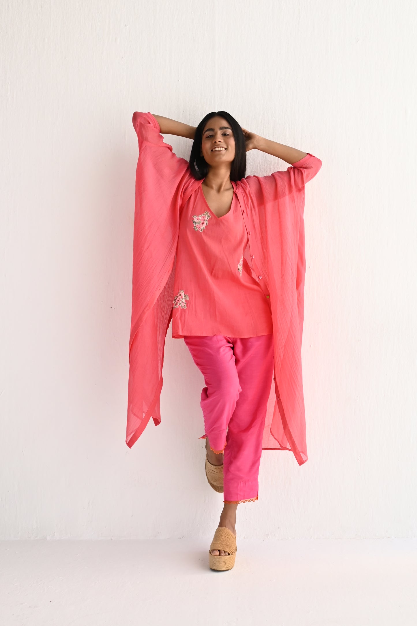 Slit Shirt in Sorbet Pink Mul Chanderi with Slip & Pant