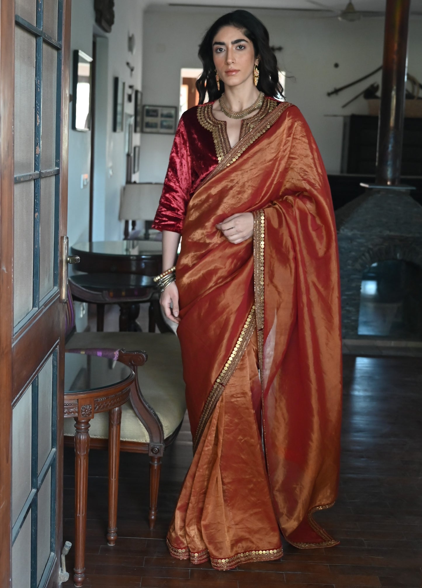 Gulzar Saree in Red Tissue