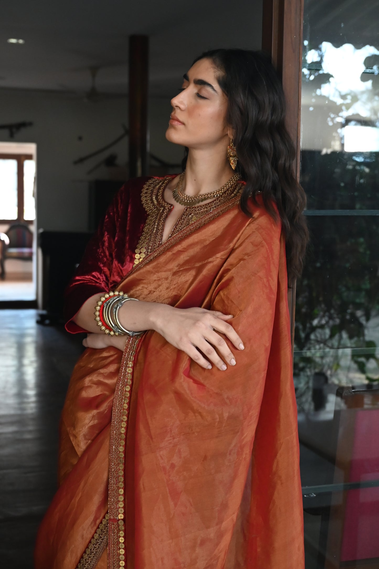 Gulzar Saree in Red Tissue