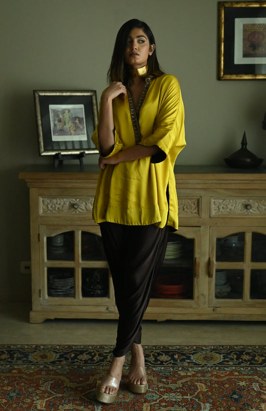 Seher Kaftan in Ochre Satin Silk with Brown Tannu Pant