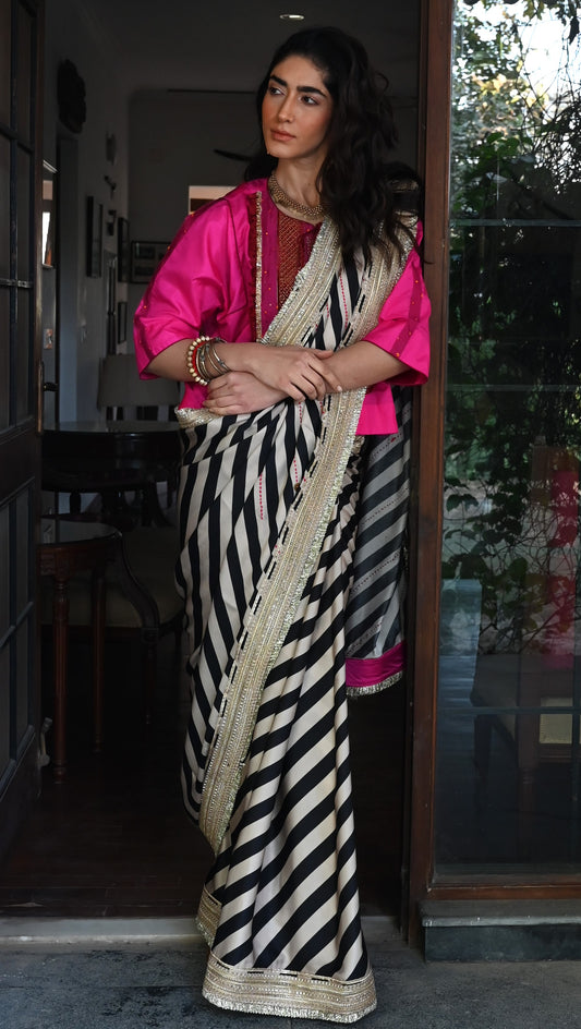 Mumtaz Saree in Black Stripes Satin Silk