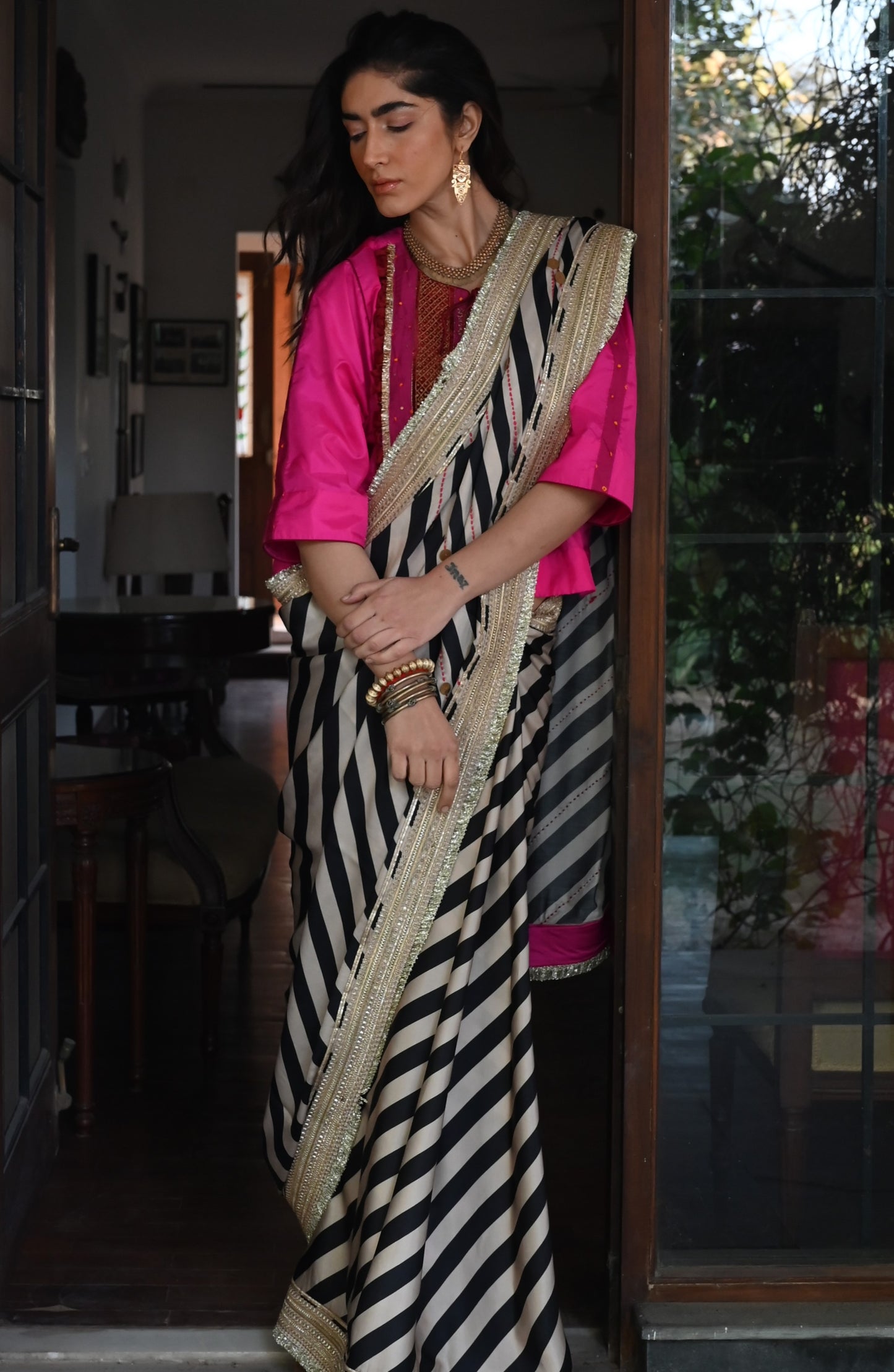 Mumtaz Saree in Black Stripes Satin Silk