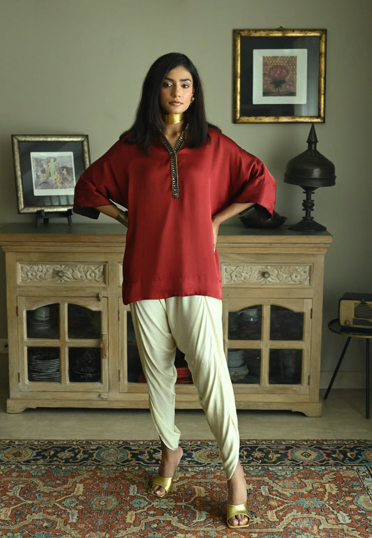 Seher Kaftan in Red Satin Silk with Ivory Tannu Pant